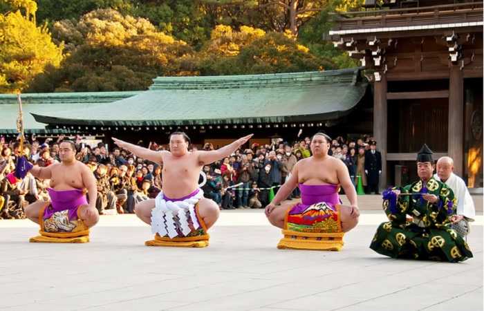 Выступления чемпионов сумо в Токио в честь Нового года 