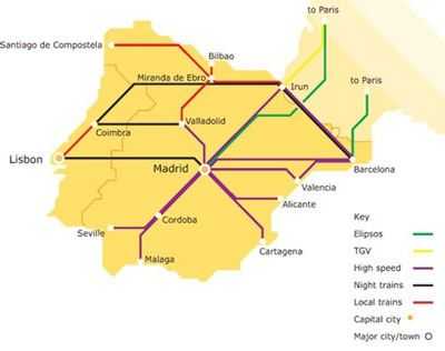 Карта движения AVE поездов в Испании 
