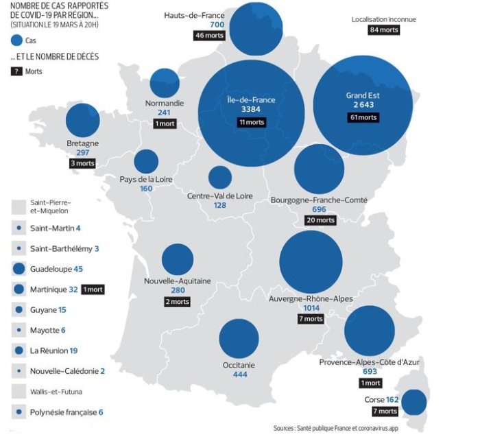Коронавирус во Франции, карта распространения на 20 марта