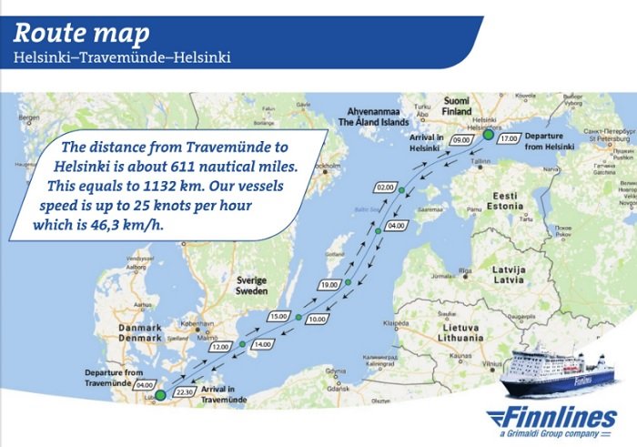 Карта паромного маршрута Хельсинки Травемюнде