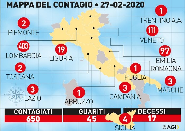 Коронавирус Италия, карта распространения вируса 