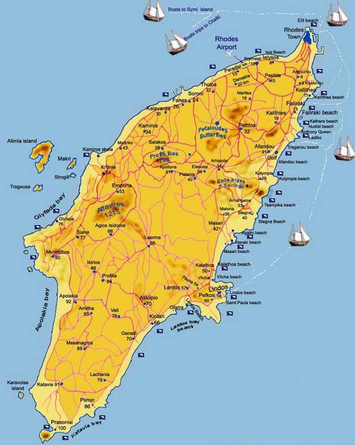 Карта острова Родос с курортами