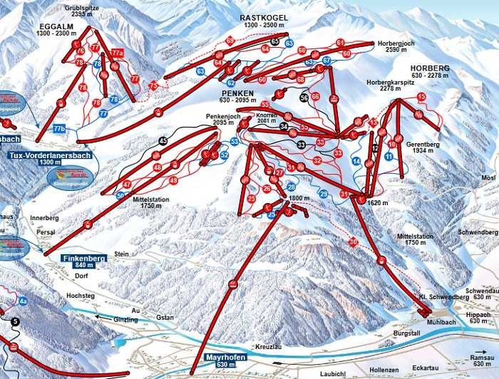 Карта-схема лыжных трасс Майрхофена