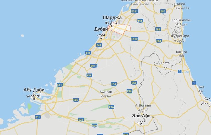 ОАЭ из Москвы, карта Дубая и его соседей — эмиратов Шарджа и Абу Даби