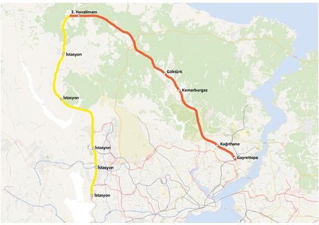 Как добраться в новый аэропорт Стамбула, карта линии метро(красная) и скоростного поезда (желтая)