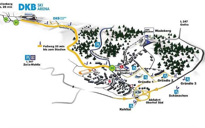 Карта-схема города Оберхоф, места парковок для туристов, прибывающих на Чемпионат мира по биатлону 2021 