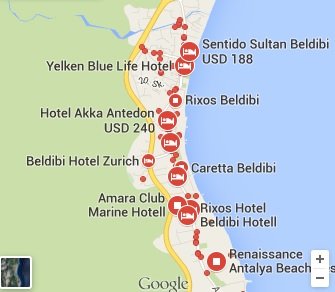 Карта Бельдиби с размещением отелей