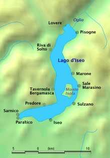 Карта селений вокруг озера Изео, Италия 