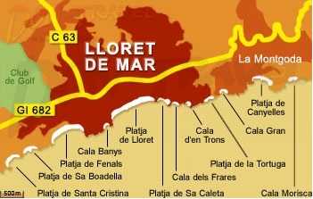 Карта пляжей Ллорет де Мар, побережье Коста Брава Испания