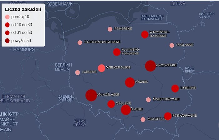 Карта распространения коронавируса в Польше