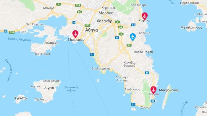  Порты Афин — Пиреус, Рафина, Лаврион на карте