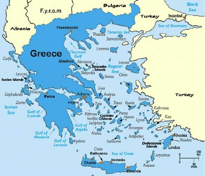 Родос на карте Греции 