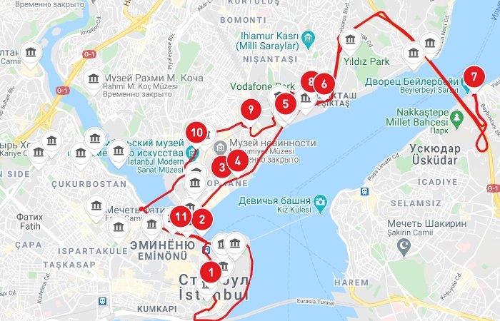 Карта Красного маршрута экскурсионного автобуса Стамбула