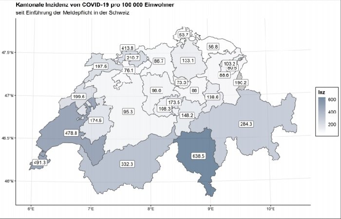 Карта распространения коронавируса в Швейцарии на 2 апреля