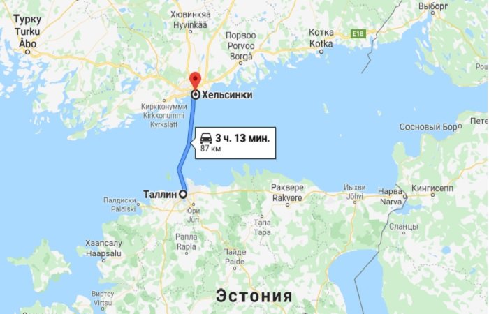 Карта паром из Финляндии в Эстонию, карта маршрута