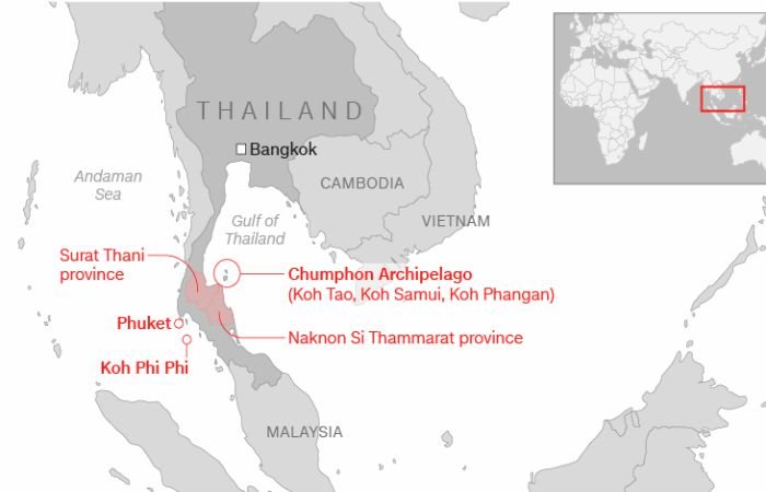 Шторм Пабук на побережье Таиланда, карта
